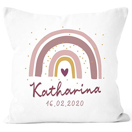 SpecialMe® personalisierbarer Kissen-Bezug zur Geburt Regenbogen Namenskissen Herz Geschenk Geburt Baby Mädchen weiß 40cm x 40cm von SpecialMe