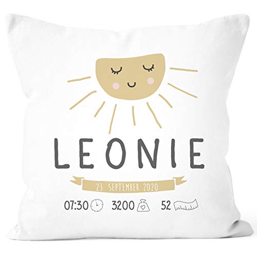 SpecialMe® personalisierbares Kissen zur Geburt, Geburtskissen Wolke Sonne personalisiertes Geschenk Daten Geburt Baby Sonne weiß 40cm x 40cm von SpecialMe