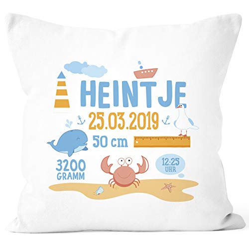 SpecialMe® personalisierbares Kissen zur Geburt, Geburtskissen maritim See Krabbe Wal, Namenskissen Geschenk Geburt Baby, Kissen-Bezug ohne Füllung weiß Unisize von SpecialMe