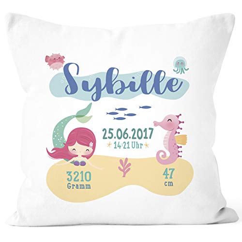 SpecialMe® personalisierbares Kissen zur Geburt, Meerjungfrau, Geburtskissen Mädchen, Namenskissen Geschenk Geburt Baby, Kissen-Bezug ohne Füllung weiß Unisize von SpecialMe