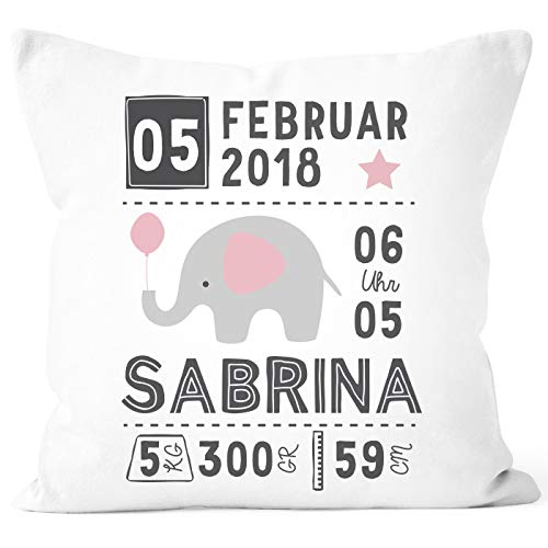 SpecialMe® personalisierbares Kissen zur Geburt Elefant, Geburtskissen Jungen Mädchen, Namenskissen Geschenk Geburt, Kissen-Bezug ohne Füllung Mädchen weiß Unisize von SpecialMe