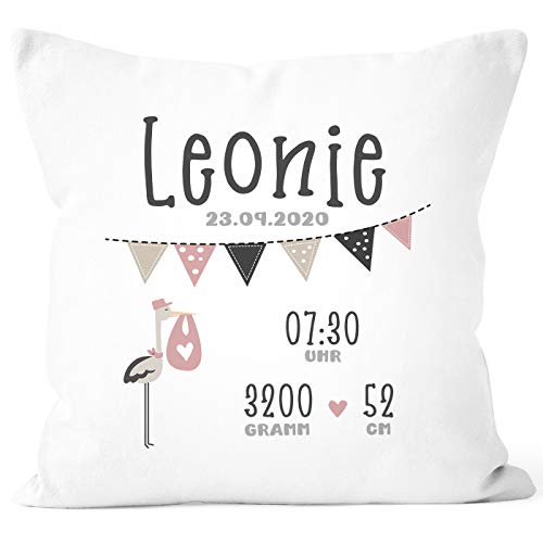 SpecialMe® personalisierbares Kissen zur Geburt Storch Geburtskissen mit Name Geschenk Geburt Baby weiß 40cm x 40cm von SpecialMe