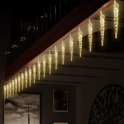 LED Eiszapfen Lichterkette aus Acryl warm weiß - 190 cm - Eisregen Deko Beleuchtung mit 20 Zapfen Batterie betrieben - Weihnachtsdeko Lichterregen Innenbeleuchtung Lichterdeko für Advent Winter von Spetebo