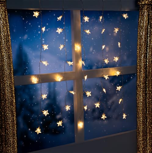 LED Sternenvorhang warm weiß mit Timer für Außen und Innen - 80 x 60 cm - Lichterkette mit 40 Sternen Batterie betrieben - Weihnachten Advent Outdoor Stern Lichterkette Deko Beleuchtung von Spetebo