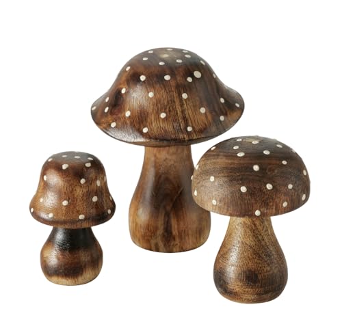 Spetebo Mangoholz Deko Pilze 3er Set zum Hinstellen - 10/8 / 7 cm - Holz Fliegenpilz Figur zur Herbst Dekoration - Holzpilz Dekopilz Waldpilz Herbstdeko Aufsteller Tischdeko von Spetebo