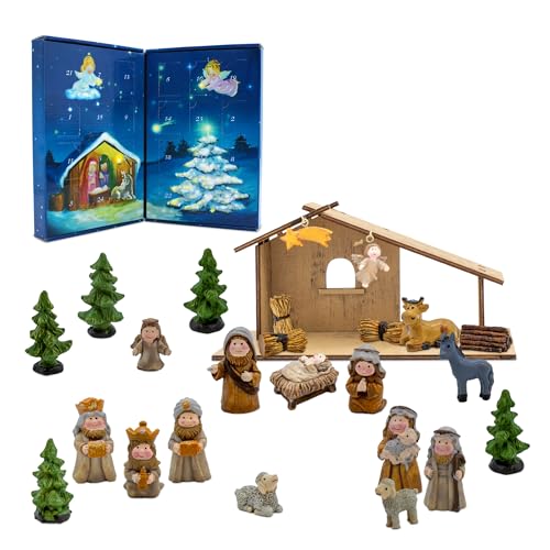 Weihnachtskrippe Adventskalender 2024 mit 24 Figuren - 26 x 13 cm - Holz Krippenstall mit Kunststeinfiguren - Weihnachten Advent Winter Tisch Deko Krippe von Spetebo