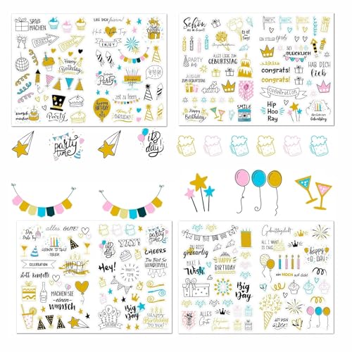 4 Stück Sticker Geburtstag,225 Motive Gästebuch Geburtstag,Birthday Sticker Set, Sticker Fotoalbum Deko,Aufkleber für Gästebuch,für Erwachsene Fotoalben, Geburtstagskarten und Geschenke von SpetngSake