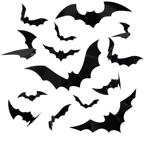 60 Stück 3D Fledermaus Halloween Deko, 4 Verschiedenen Größen Schwarze Basteln Fledermaus Deko, Gruseliges Bat Stickers Deko Halloween, für Indoor Party Wohnzimmer Decorations, Tür Window Wand von SpetngSake