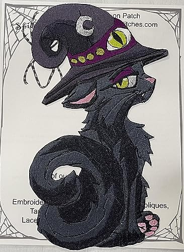 Riesige Hexenkatze schwarze Hexenkatze mit Hut, zum Aufbügeln, für Halloween, Jacke und Rückseite von Spider Stitches