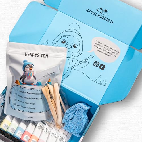 SpielKiddies TonZauber-Bundle mit Pinguin Henry – Kreativset für Kinder ab 3 Jahren, inkl. Modelliermasse, Acrylfarben & Zubehör von SpielKiddies