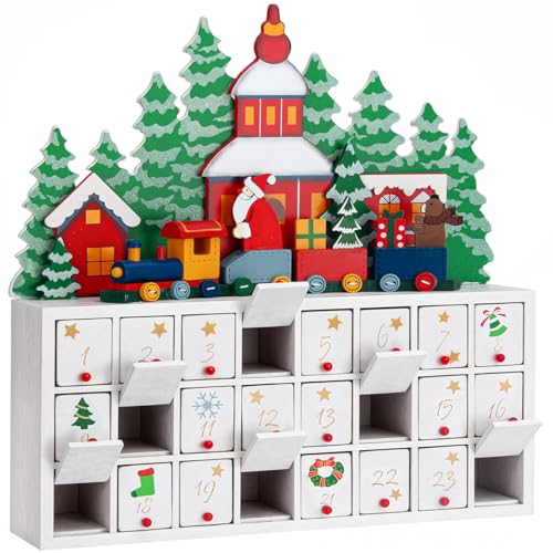 Spielwerk® Adventskalender Winterlandschaft zum Befüllen wiederverwendbar 24 Türchen Bunt Bemalt Weihnachten Kinder DIY weihnachtliche Holz Dekoration von Spielwerk