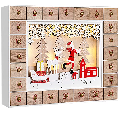 Spielwerk® Adventskalender zum selbst Befüllen Nachhaltig LED warmweiß 24 Türchen Weihnachtskalender DIY Holz Kinder Wiederverwendbar Schlitten von Spielwerk