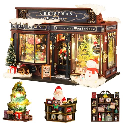 Spilay DIY Miniatur-Puppenhaus-Bausatz, DIY Puppenhaus-Bausatz mit Holzmöbeln mit Staubschutz & Spieluhr & LED, Geburtstag Weihnachten Handmade Gift-(Christmas Wonderland) ET001 von Spilay