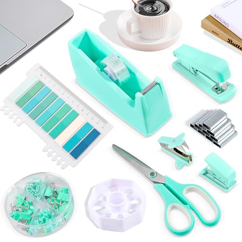 Green Office Supplies Schreibtischzubehör-Set – Hefter, robuster Klebebandabroller, Schere, Locher – Schreibtischzubehör-Set, Geschenk für Studenten, Frauen, Kollegen, Chef, Büroangestellte von SpiralScgv