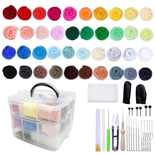 40 Farben Nadelfilz Set: Filzwolle Starter Kit, Filzwolle Roving, Nadelfilz Starter Set, mit Filznadeln Grundwerkzeugen und Zubehör, Nadel Filzen Starter Kit für DIY Bastelprojekte und Handarbeiten von Sporgo