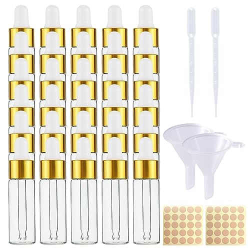 50 Stück Tropfflasche Glas: 5ml Pipettenflasche Liquid Flaschen mit Pipette, Trichter und Etikettenaufkleber, Leere Flaschen zum Befüllen für Ätherische Öl Parfümöle Liquid Base von Sporgo