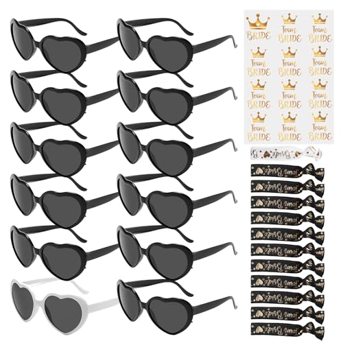 Sporgo 36 Stück JGA Brille Team Braut Set: 12 Bride Herz Brille Partybrille +12 Bride Tattoo Aufkleber+12 Bride Armbänder, Herz Sonnenbrille JGA Deko Frauen Accessoires für Junggesellinnenabschied von Sporgo