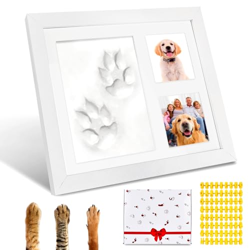 Sporgo Pfotenabdruck Set Hund Katze: 3D Bilderrahmen mit 2 Foto und Pfotenabdrücke, 360° Drehbar Pfotenabdruck Set Ständer, Holz Bilderrahmen für Hunde oder Katzenbesitzer (Mit Geschenkverpackung) von Sporgo