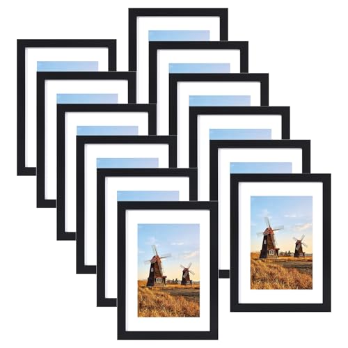 Spotjoy Bilderrahmen 10x15 cm 12er Set Fotorahmen Posterrahmen mit Passepartout Holzrahmen Dokumentenrahmen stabiles MDF-Holz Rahmen mit Acrylglas, Schwarz von Spotjoy