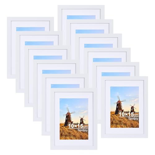 Spotjoy Bilderrahmen 10x15 cm 12er Set Fotorahmen Posterrahmen mit Passepartout Holzrahmen Dokumentenrahmen stabiles MDF-Holz Rahmen mit Acrylglas, Weiß von Spotjoy