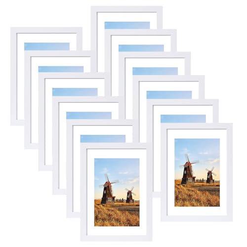 Spotjoy Bilderrahmen 10x15 cm 12er Set Fotorahmen Posterrahmen mit Passepartout Holzrahmen Dokumentenrahmen stabiles MDF-Holz Rahmen mit Acrylglas, Weiß von Spotjoy