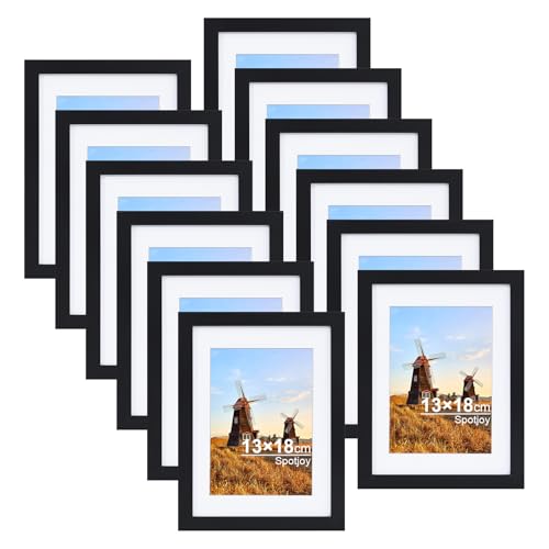 Spotjoy Bilderrahmen 13x18 cm 12er Set Fotorahmen Posterrahmen mit Passepartout Holzrahmen Dokumentenrahmen stabiles MDF-Holz Rahmen mit Acrylglas, Schwarz von Spotjoy