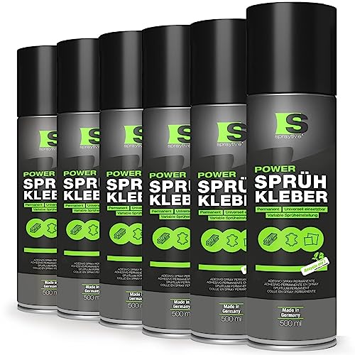 Spraytive 6 x 500ml Power Sprühkleber: Für Textilien, Vlies, Schaumstoff, Leder, Dachhimmel, Teppich, Papier & mehr - Stark permanent haftend mit variabler Sprüheinstellung von Spraytive