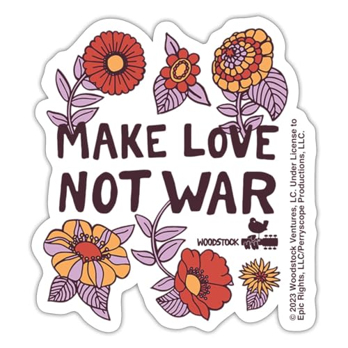 Spreadshirt Woodstock Make Love Not War Mit Blumen Rahmen Sticker, max. 10 x 10 cm, 10 x 10 cm, Mattweiß von Spreadshirt