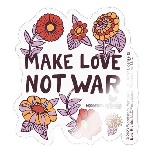 Spreadshirt Woodstock Make Love Not War Mit Blumen Rahmen Sticker, max. 10 x 10 cm, 10 x 10 cm, Transparent glänzend von Spreadshirt