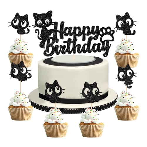 Sprießen 28 Stück Kätzchen Cake Topper Schwarz,Katze Cupcake Topper,Black Sparkling Thema Kuchen Dekoration,Kuchen Dekorationen Zubehör,Für Katzenliebhaber Kätzchen Thema Babyparty Kinder Geburtstag von Sprießen