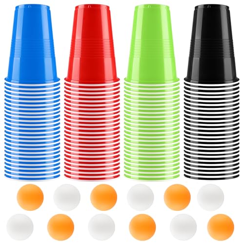 Sprifityy Bierpong Becher Set,Beerpong Partybecher Enthält 6 Tischtennisbälle und 100 Becher(500ML),Wiederverwendbare Partybecher,Für Party Trinkspiele,Party Geburtstag Festivals Hochzeit Camping von Sprifityy