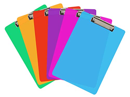 6 Coloured Plastic Clipboards | Strong 12.5 x 9 Inch (A4 Size) Multi Pack Clipboard | Holds 100 Sheets! | Acrylic Clipboards with Low Profile Clip & Heavy Duty Clip Boards | von Spring Rose