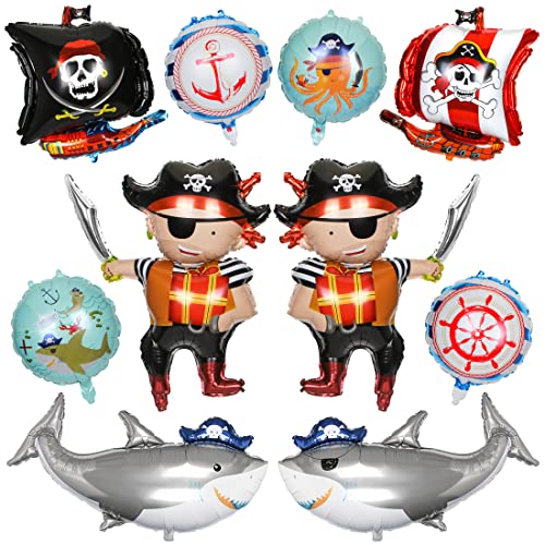 10 Stück Piratenschiff Ballon, XXL Haifisch Helium Ballon, Kinder Piraten Folienballon, Ozean Tiere Hai Helium Luftballons, Skelett Muster Party Dekoration Ballon für Boys Girls Geburtstag Halloween von Sprinlot