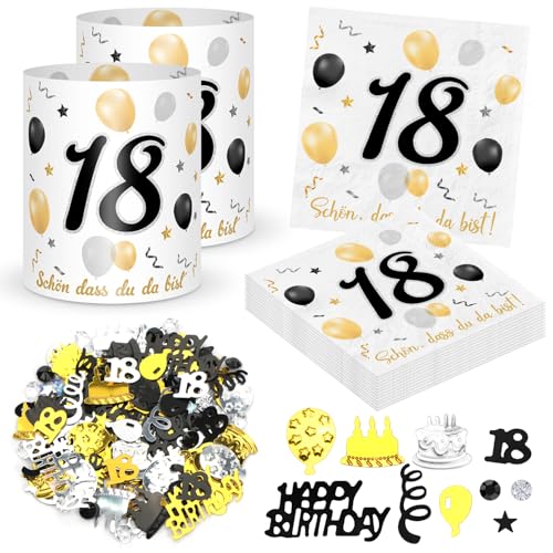 20 Stück Servietten 18 Geburtstag + 12 Stück Windlicht Tischdeko 18 Geburtstag + 500 Stück 18 Schwarz Gold Deko, Schön, dass Du da bist Tisch Deko 18 Jahre, Geschenke zum Geburtstag Jubiläum Feier von Sprinlot