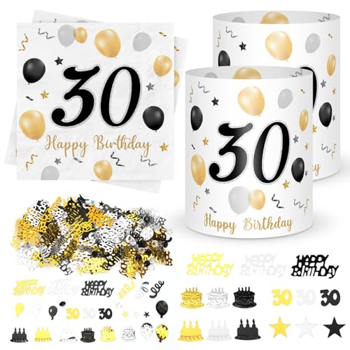 20 Stück Servietten 30 Geburtstag+ 12 Stück Windlicht Tischdeko 30 Geburtstag + 500 Stück Konfetti 30 Geburtstag Deko, Schwarz Gold Tisch Deko 30 Jahre, Geschenke zum 30 Geburtstag Frau Mann von Sprinlot