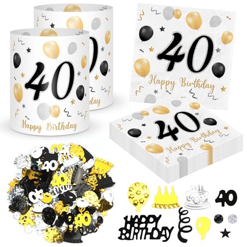 20 Stück Servietten 40. geburtstag+ 12 Stück Windlicht Tischdeko 40 Geburtstag + 500 Stück Konfetti 40 Geburtstag Deko Schwarze Gold, Deko 40. Geburtstag, Tisch Deko 40 Jahre Happy Birthday Jubiläum von Sprinlot