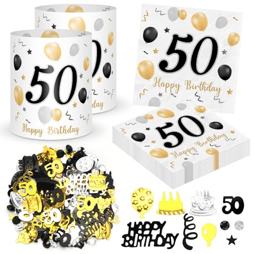 20 Stück Servietten 50. geburtstag+ 12 Stück Windlicht Tischdeko 50 Geburtstag + 500 Stück Konfetti 50 Geburtstag Deko Schwarze Gold, Deko 50. Geburtstag, Tisch Deko 50 Jahre Happy Birthday Jubiläum von Sprinlot