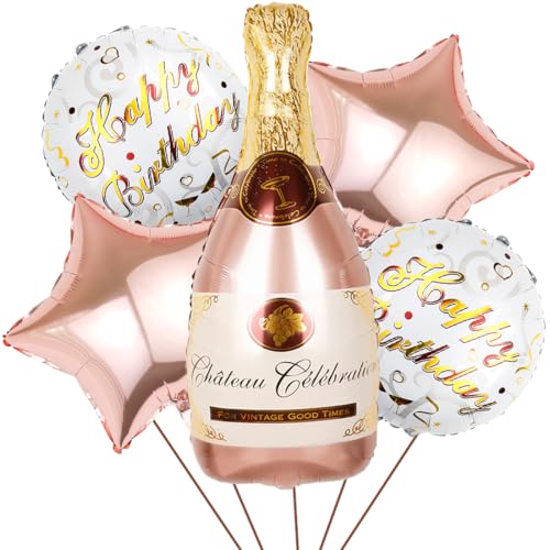 5 Stück Champagne Folienballon, XXL Weinflasche ballons, Riesen Rosegold Sektflasche Helium Ballons, Rosa Stern Dekorative Folie Luftballons für Jubiläum Geburtstag Urlaub Hochzeit Bierthema Party von Sprinlot