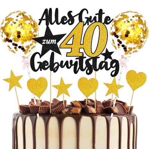 40th Geburtstag Tortendeko Gold Schwarz, Kuchen Deko Geburtstag 40 Jahre, Torten Deko 40 Geburtstag, Alles Gute Zum Geburtstag Torte 40, Mit 2 Kleinen Goldenen Luftballons, 3 Herzen, 4 Sternen von Sprinlot