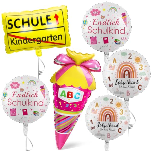 6 Schulanfang Folienballon, Einschulung Mädchen Deko, ABC Zuckertüten Helium Ballon, Endlich Schulkind Schuleinführung Folien ballons, HURRA SCHULE Kindergarten Schulstart Folien Ballon for child von Sprinlot