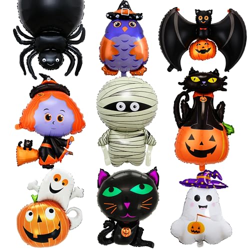 9 Stück Halloween Folienballon, XXL Kürbis Schwarze Katze Hexe Geist Luftballon, Fledermaus Eulen Riesenballon, Giant Halloween Party Helium Ballon für Kinder Geburtstag Dekorationen Zubehör Geschenk von Sprinlot