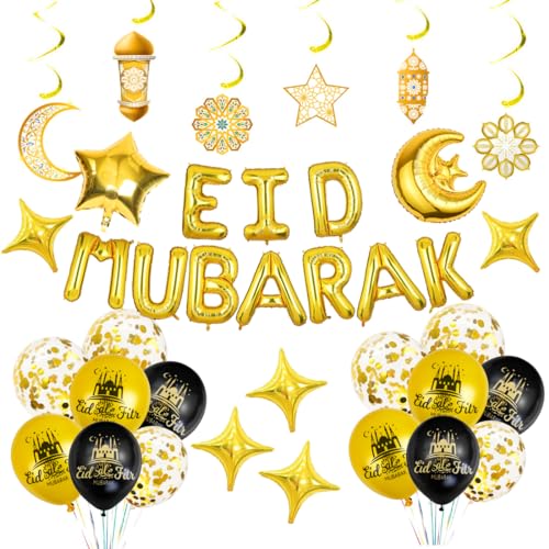 Eid Mubarak Dekoration Schwarze Gold, Ramadan Luftballon, Mond Stern Folienballon, Eid Al-Fitr Latex Ballons, Eid Mubarak Ramadan Kareem Feier Party Hanging Swirl Dekoration von Sprinlot