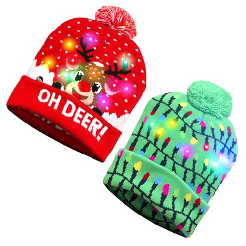 Leuchtende Weihnachtsmütze, 2 Pcs Led Weihnachtsmütze Strickmütze, Weihnachtsmütze Aus Plüsch, Weihnachtsmützen Plüsch, Weihnachtsmütze Für Kinder Erwachsene Weihnachten von Sprinlot