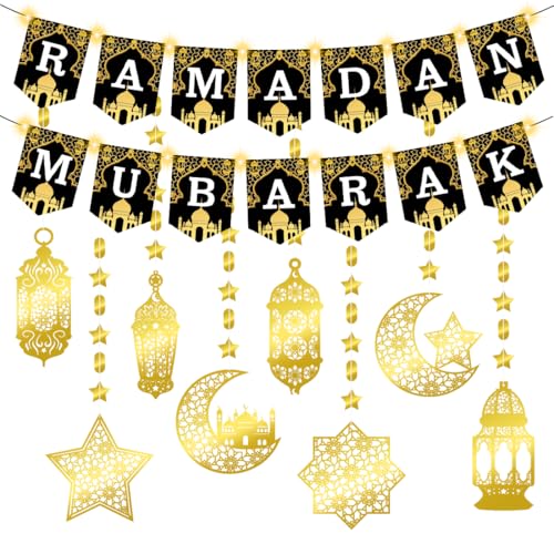 Ramadan Deko, Ramadan Mubarak Banner, Eid Deko Girlande mit 3 Meter LED Lichter, Gold Stern Mond Laterne EID Mubarak Banner, Ramadan Kareem Deko, Ramadan Dekorationen für Muslim Islam Party C16 von Sprinlot