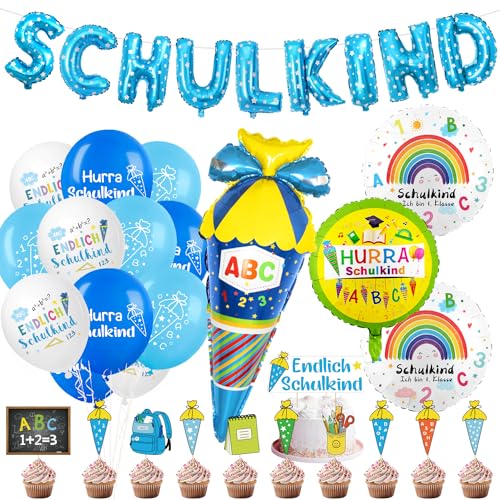 Deko Einschulung Junge, Schuleinführung Schulanfang Deko: Folienballon Schulkind Girlande Banner + Einschulung Tortendeko Set + Folienballon Zuckertüte+ Einschulung Luftballon, Schule Folienballon von Sprinlot