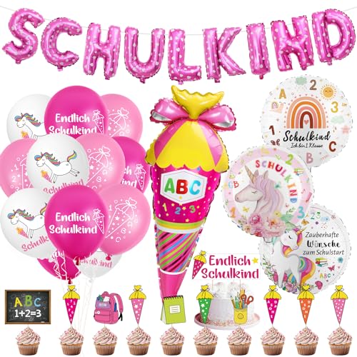 Einschulung Deko Mädchen, Schuleinführung Schulanfang Deko Set- Schulkind Folienballon Banner+ Zuckertüte Folienballon& 18 Einschulung Luftballon+12 Tortendeko Einschulung von Sprinlot