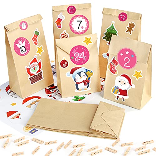 Adventskalender zum Befüllen Papiertüten, 25 Weihnachtskalender Kraftpapiertüten mit Zahlen Aufkleber, DIY Adventskalender Tüten Weihnachten, Adventskalender Selber Basteln von Sprinlot