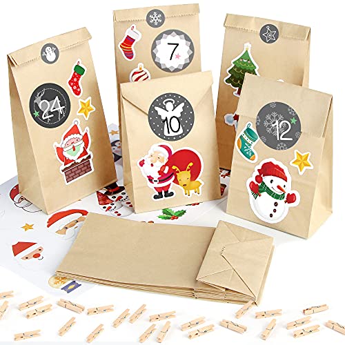 Adventskalender zum Befüllen Papiertüten, 25 Weihnachtskalender Kraftpapiertüten mit Zahlen Aufkleber, DIY Adventskalender Tüten Weihnachten, Adventskalender Selber Basteln von Sprinlot