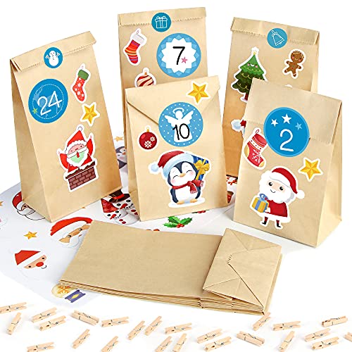 Sprinlot Adventskalender zum Befüllen Papiertüten, 25 Weihnachtskalender Kraftpapiertüten mit Zahlen Aufkleber, DIY Adventskalender Tüten Weihnachten, Adventskalender Selber Basteln von Sprinlot