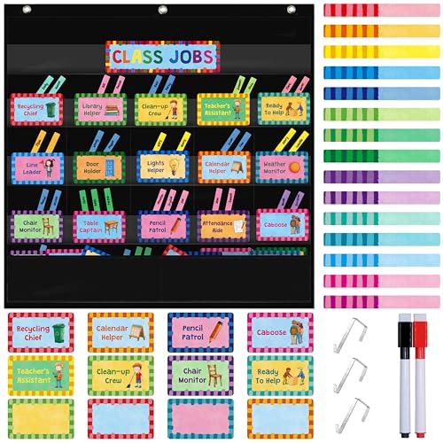 SpriteGru Klassenjobs-Taschenchart, 1 Taschenchart + 83 löschbare Karten + 3 Metallhaken + 2 Marker, Lehrerhilfe für Klassenzimmer, Heimschule, Pinnwand (62.5cm x 66cm, Schwarz) von SpriteGru